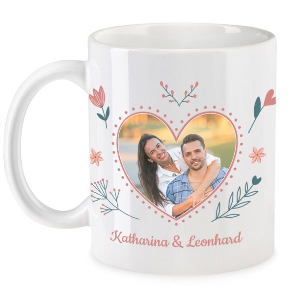 Tasse mit Namen und eigenem Bild - Tasse bedrucken lassen individuell mit Fotoupload \"Blumenkranz\"