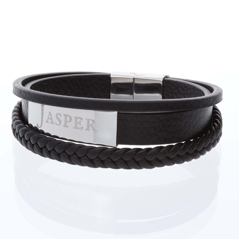 Geflochtenes Lederarmband mit Gravur in schwarz (22cm)