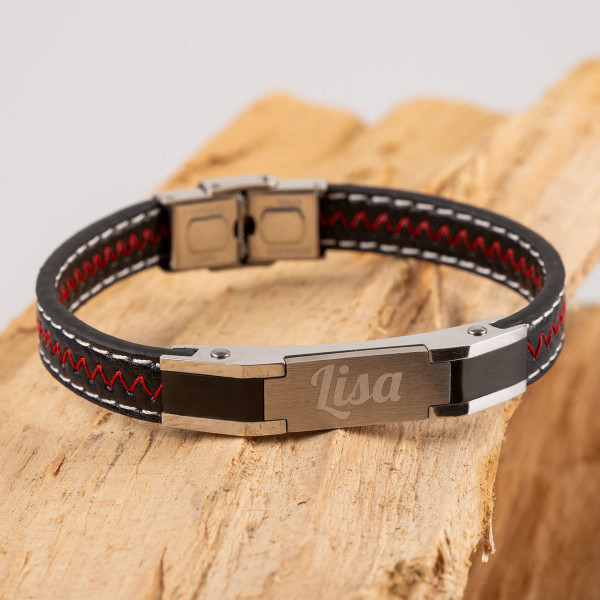 Modernes Lederarmband mit Gravur in schwarz (22cm)