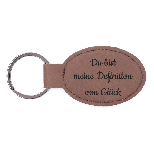 Ovaler Schlüsselanhänger aus Leder mit Gravur in dunkelbraun „Dundee“
