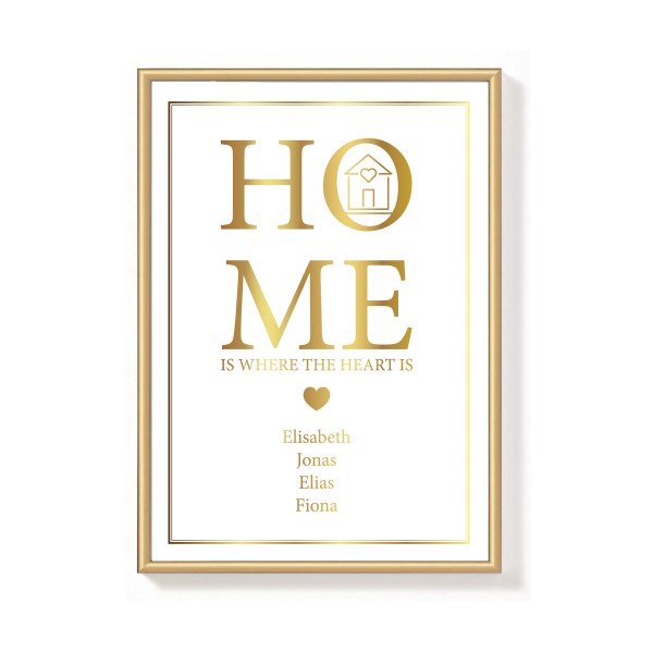 Personalisiertes Poster GOLD GLÄNZEND "HOME" mit Wunschtext - Kunstdruck DIN A3 / DIN A4