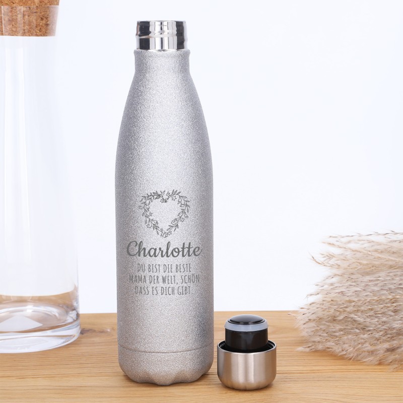 Edelstahl Trinkflasche mit Gravur „Silver Glitter“ (500 ml)