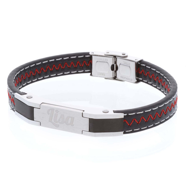 Modernes Lederarmband mit Gravur in schwarz (22cm)