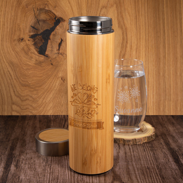 Deluxe Isolierflasche mit Gravur aus Bambus