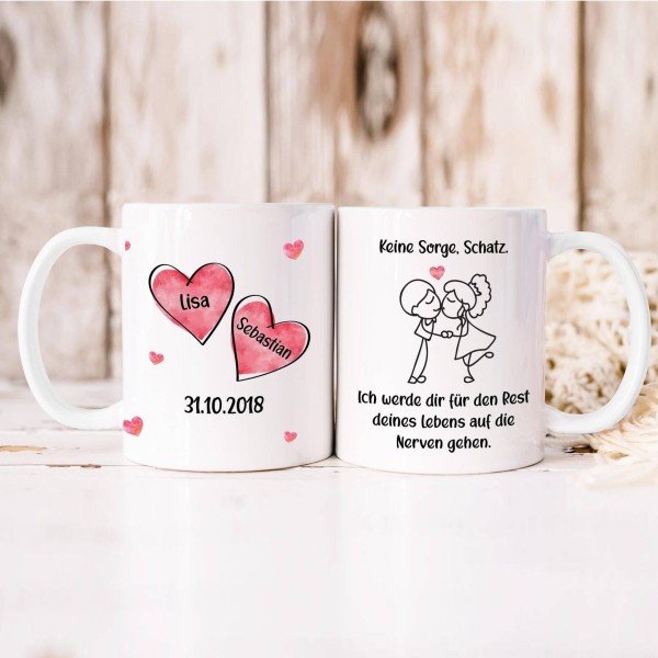 Tasse mit Namen - Tasse bedrucken lassen für Paare \"Keine Sorge Schatz\"