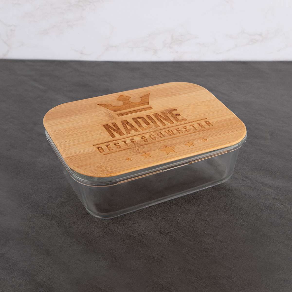 Lunchbox Glas mit Bambusdeckel (inkl. Gravur)
