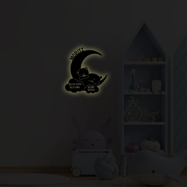 Personalisiertes Nachtlicht "Mond mit Teddy" aus Holz - Für Babys und