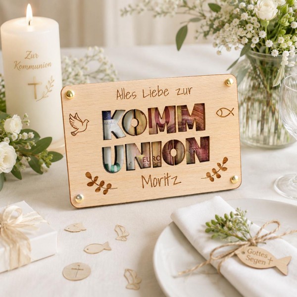 Geldgeschenk zur Kommunion aus Holz  Personalisierte Geschenkverpackung mit Name | Kommunion