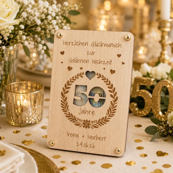 Geldgeschenk zur Goldenen Hochzeit aus Holz  Personalisierte Geschenkverpackung zum 50. Hochzeitstag mit Namen & Datum