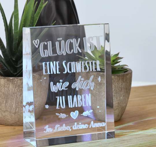 3D Glaskristall Mit Foto-Gravur – Quader 56 Mm, Personalisiert Mit 1 Person Oder Tier, Perfekt Als Taufgeschenk
