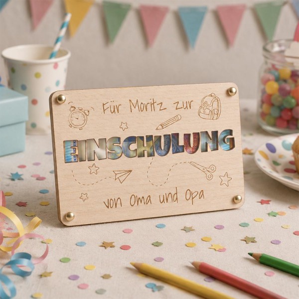 Geldgeschenk zur EINSCHULUNG aus Holz  Personalisiert mit Name  Geschenk von Oma & Opa  Gutschein für Schulanfang