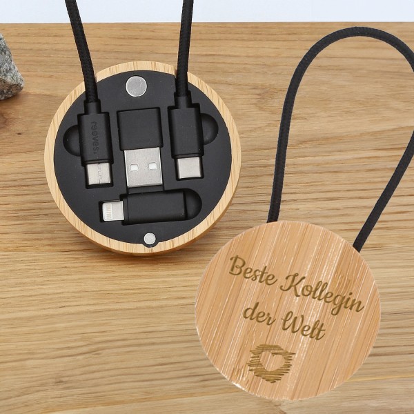 4-in-1 USB-Kabel-Set aus Bambus mit Gravur