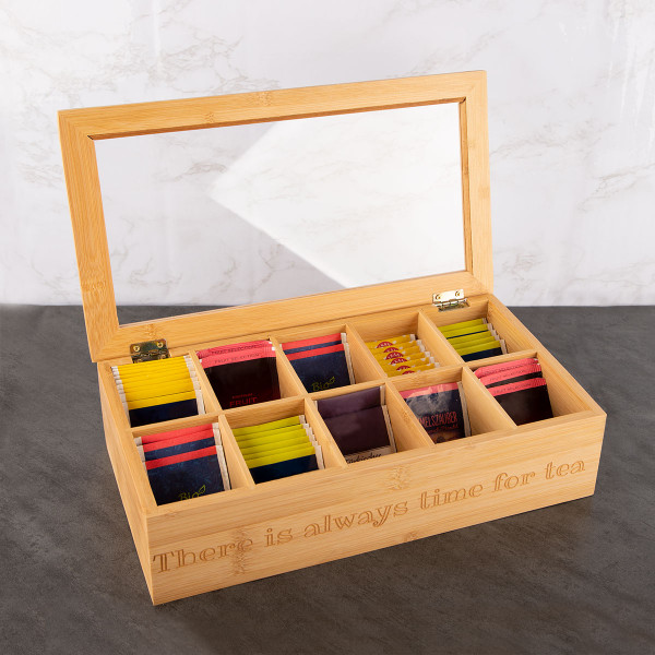 Teebox groß (personalisiert mit Schriftzug auf Vorderseite, Teebeutel in Teebox)