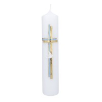 Taufkerze mit Kreuz in hellblau und gold personalisiert mit Name