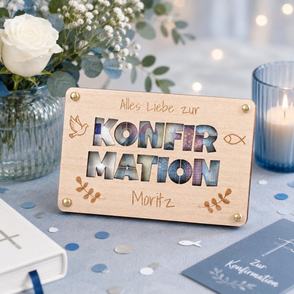 Geldgeschenk Konfirmation aus Holz mit Namen  Hochwertige Geschenkverpackung für Geldgeschenke