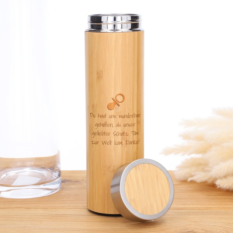 Deluxe Isolierflasche mit Gravur aus Bambus