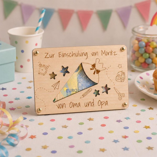 Geldgeschenk Schultüte zur Einschulung aus Holz  Personalisiert mit Name  Gutschein für Schulanfang