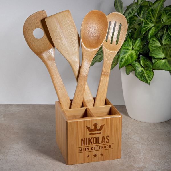 Kochlöffel-Set mit Gravur und Aufbewahrungsbox aus Bambus | ♥ Haus der
